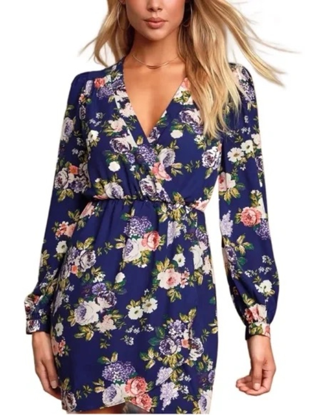 Lulu's Navy Floral V-Neck Long Sleeve Dress